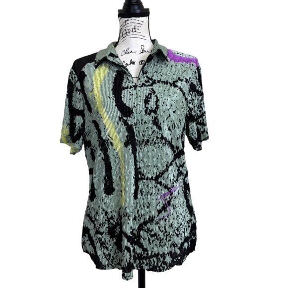 Jamie Sadock Top Short Sleeve 1/4 Zip Crinkle Pleated Green Golf Womens Size L - Picture 1 of 7
